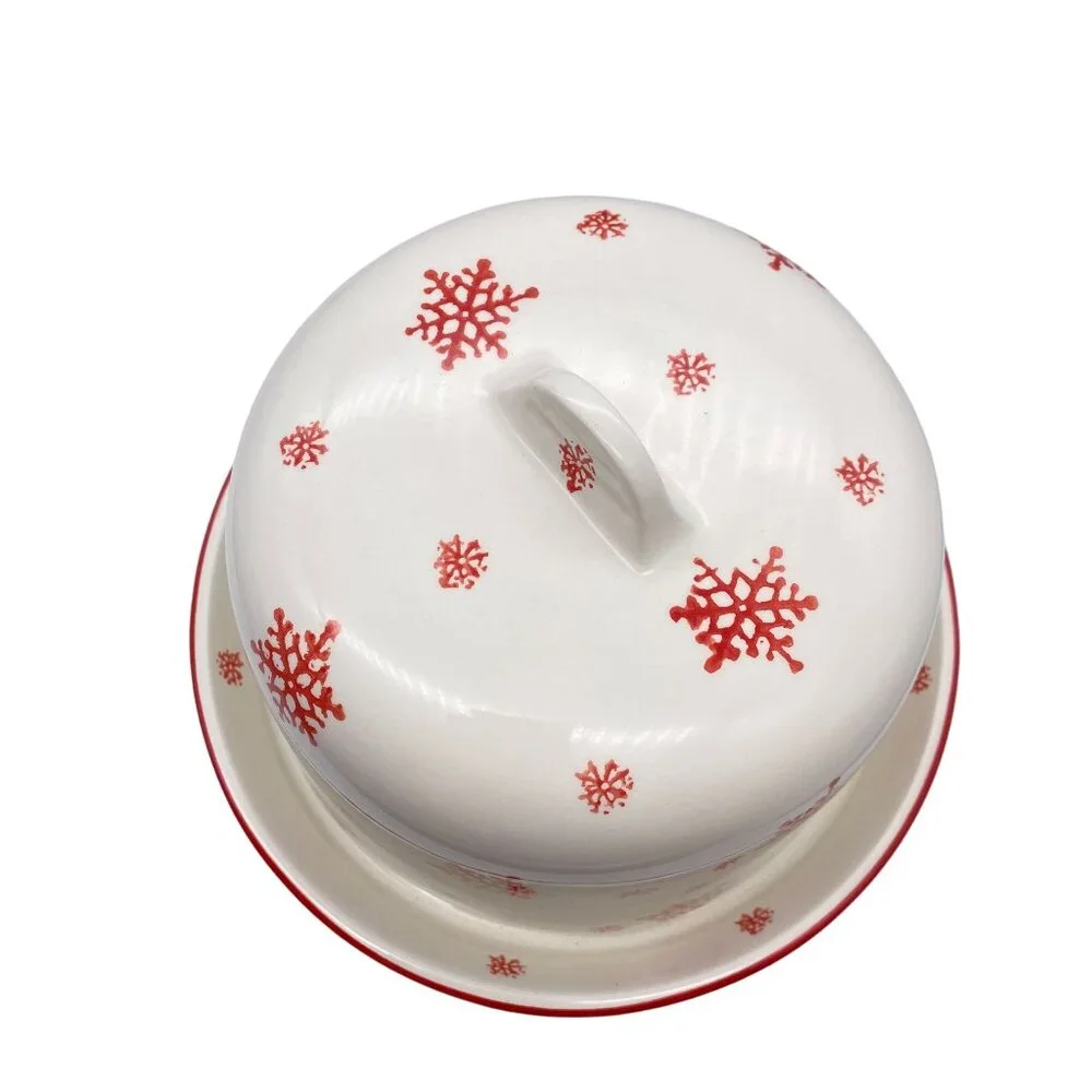 Farval Red white snowflake print covered pie cake dessert stand plate cookies Po